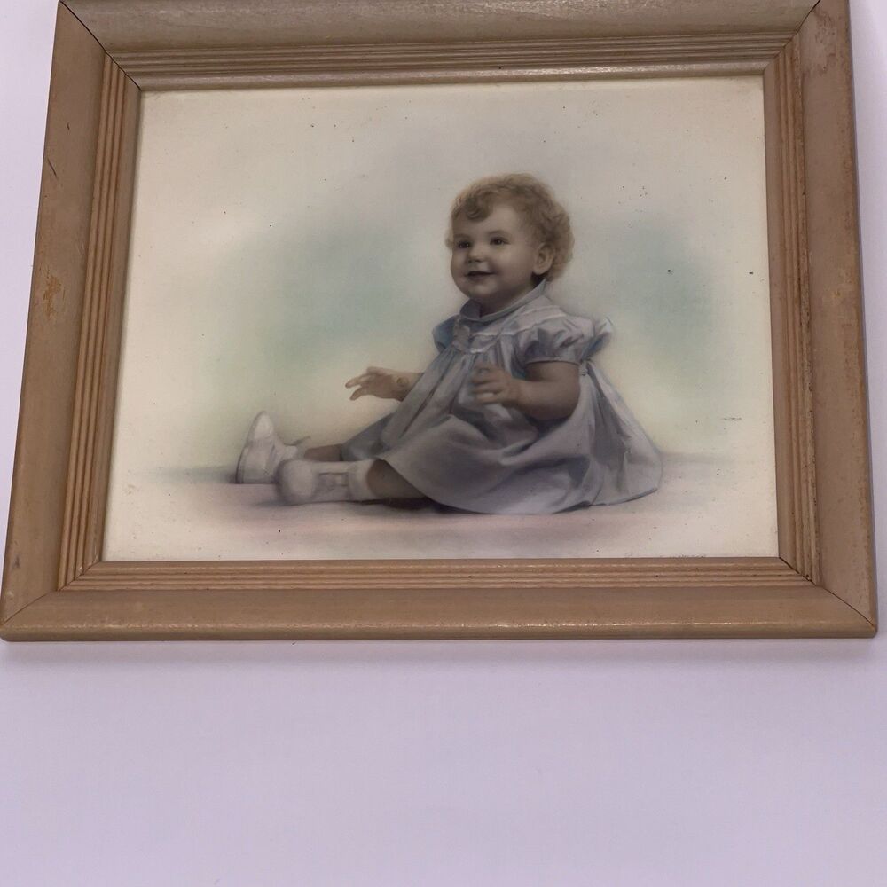 Vintage Baby Girl Sitting Happy Blue Dress Painting Signed Portrait Framed